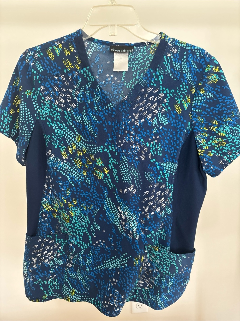 Cherokee V-neck Printed Scrub Top Featuring A Blue Base with A Knit Side Panel M